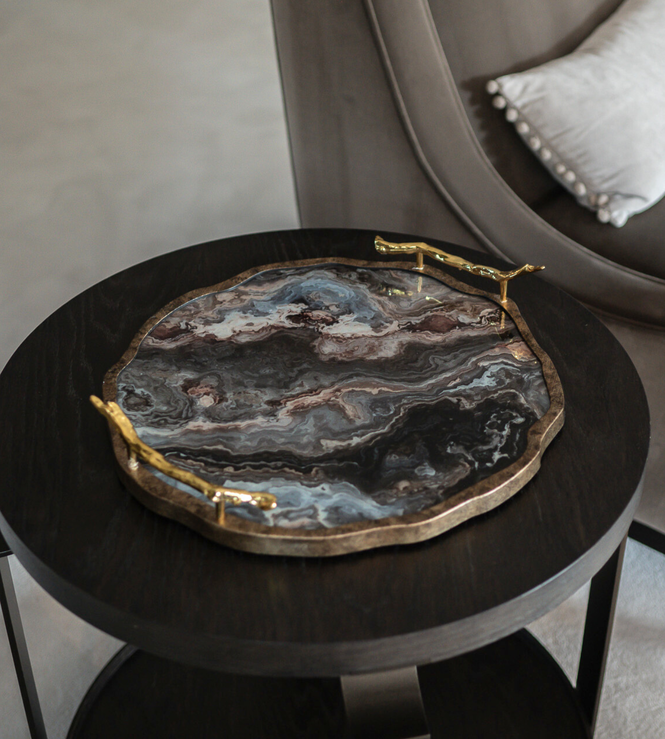 Marble Effect Flat Tray with Gold Handles