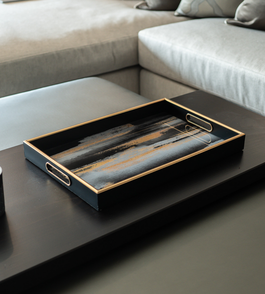 Abstract Gold and Black Decorative Rectangle Tray ??? Chloe Jade Home