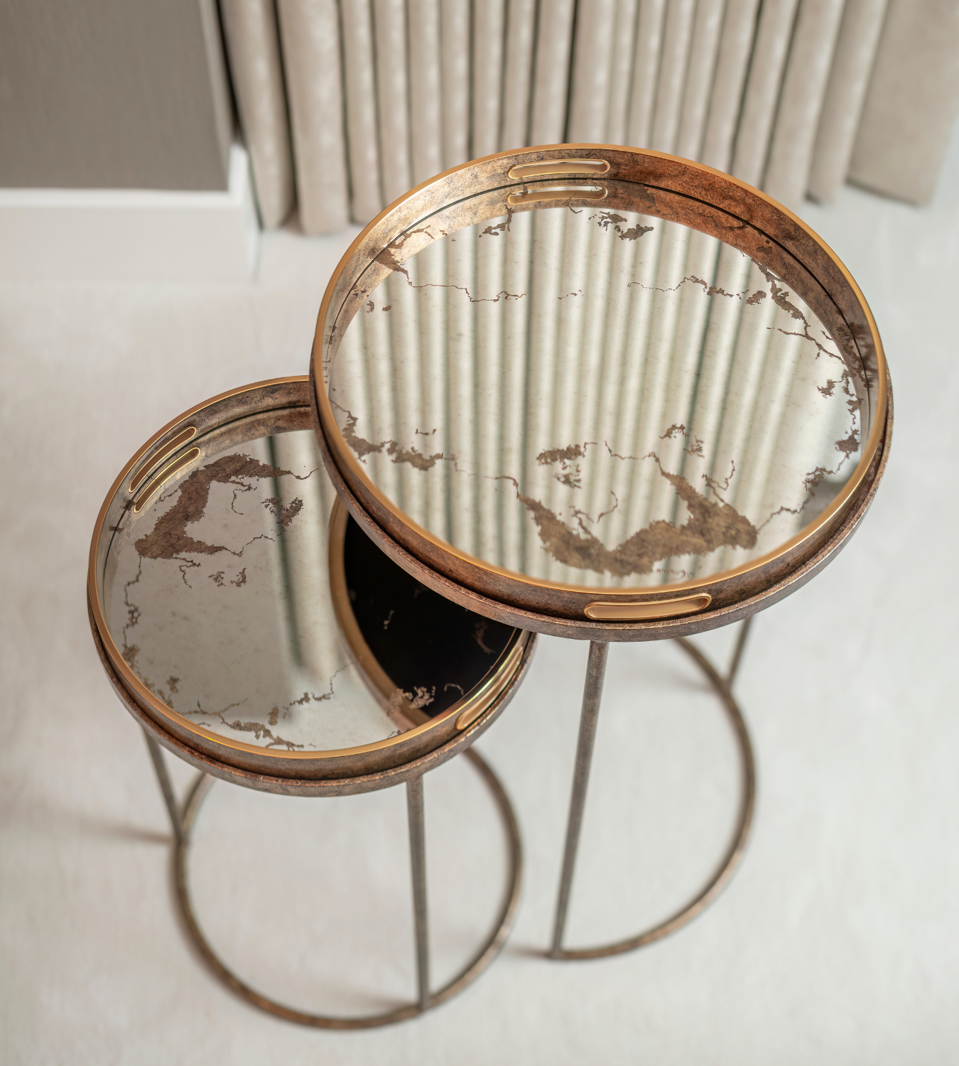 Set of 2 Gold Marble Mirror Round Tray Tables