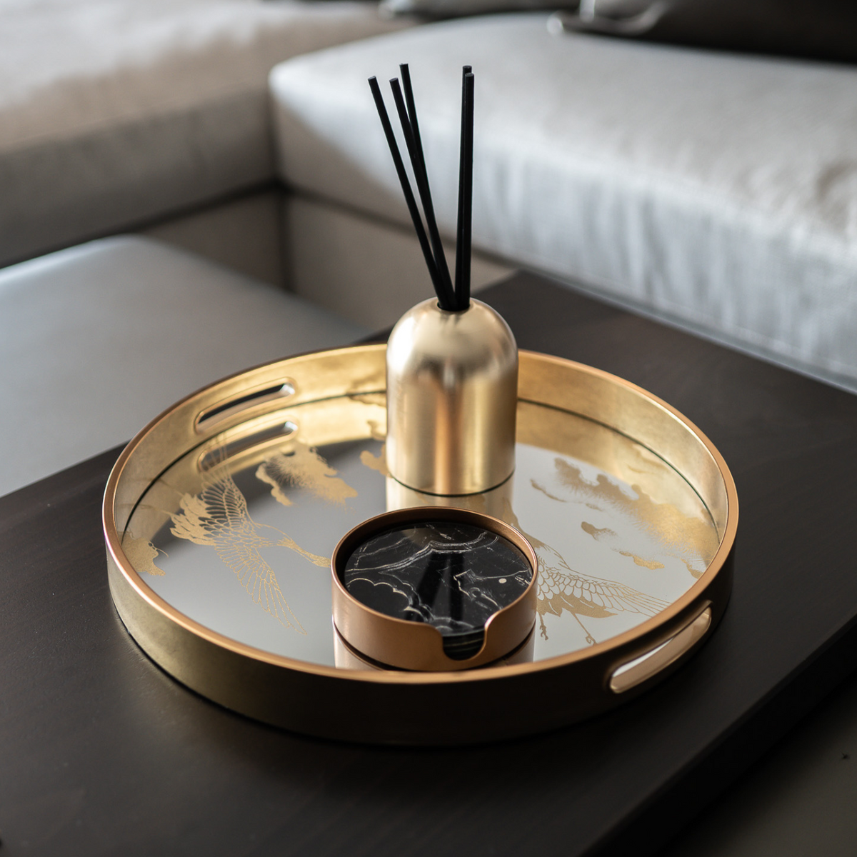 Golden Clouds Mirrored Round Decorative Tray – Chloe Jade Home