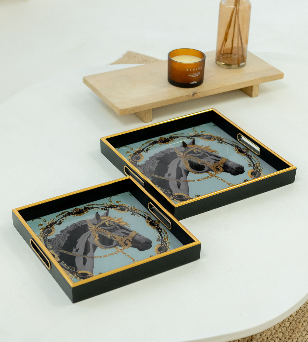 Set of 2 Antique Gold Horse Tray