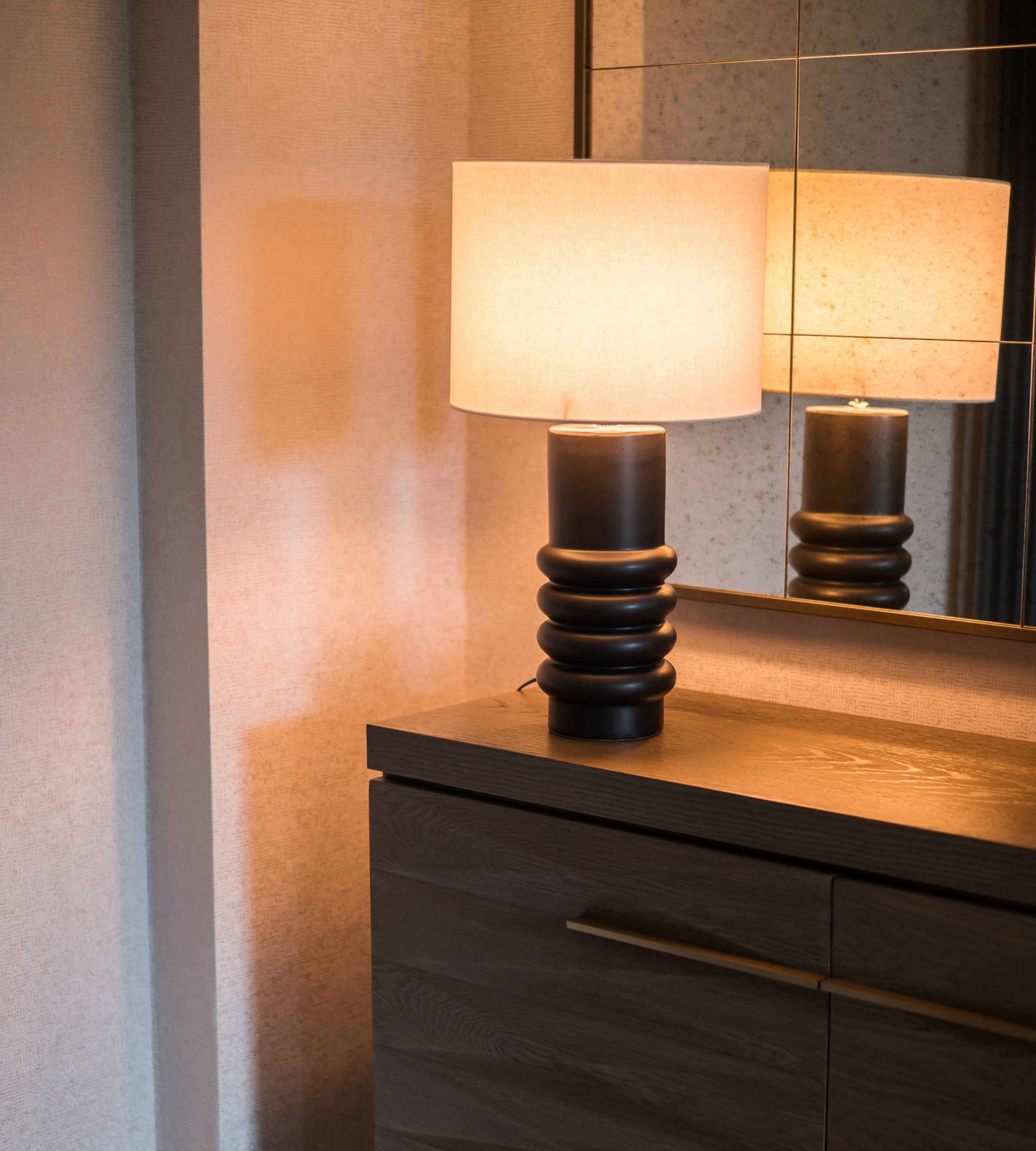 Black Ringed Ceramic Table Lamp with Linen Shade