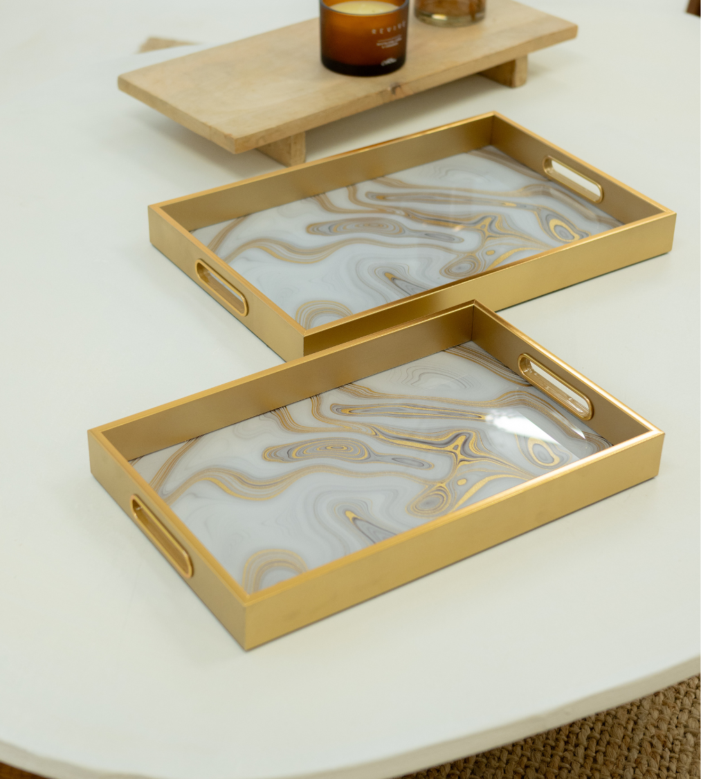 Set of 2 Gold Swirl Rectangular Trays