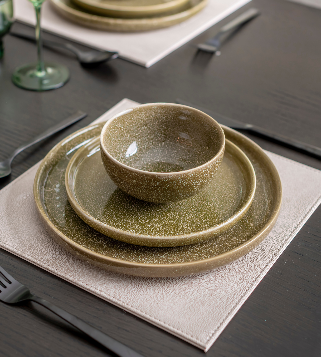 Set of 12 Pujol Green Ceramic Dinner Set