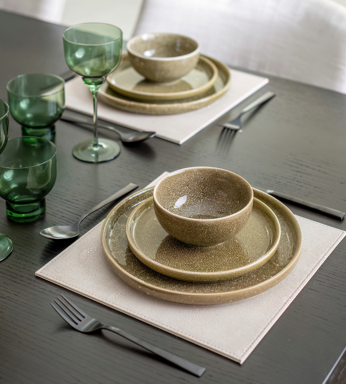 Set of 12 Pujol Green Ceramic Dinner Set