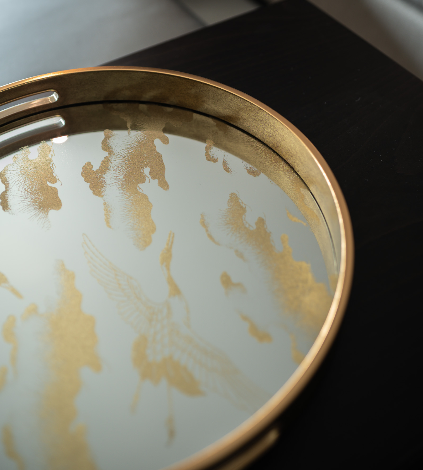 Golden Clouds Mirrored Round Decorative Tray