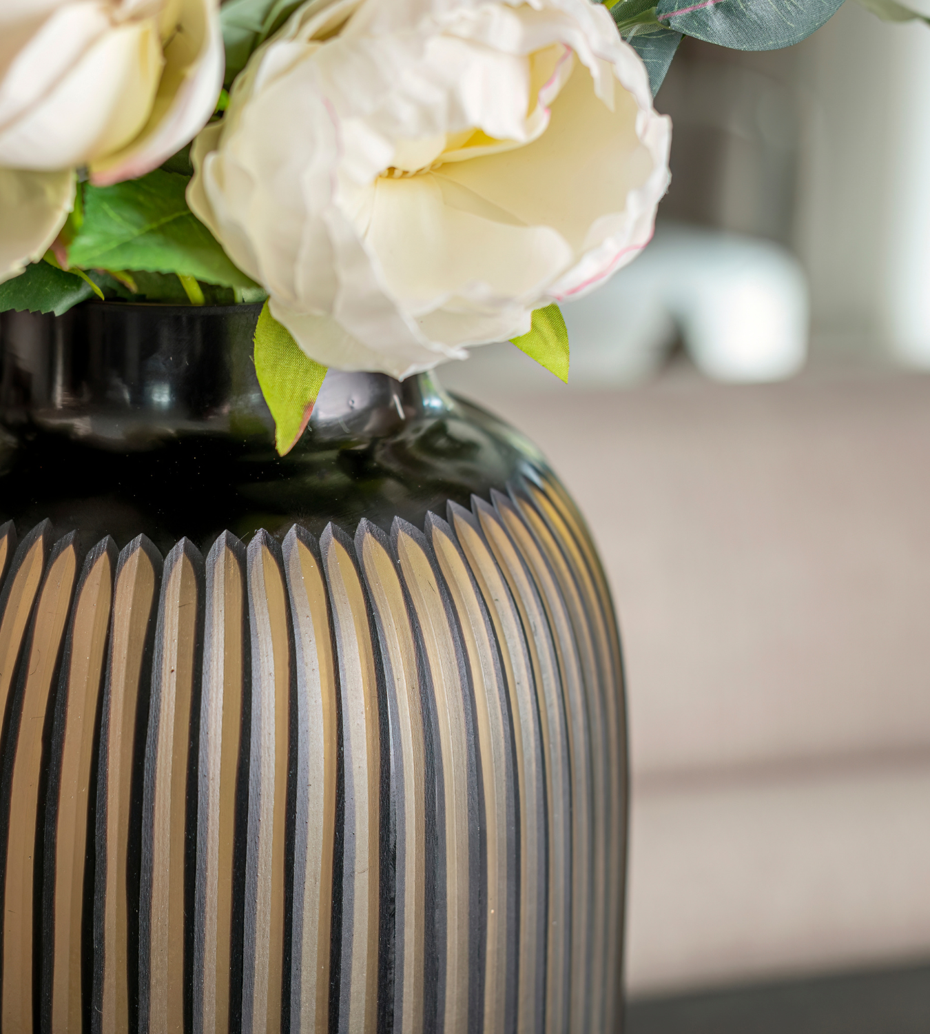 Large Hand Blown Amber Glass Ribbed Vase