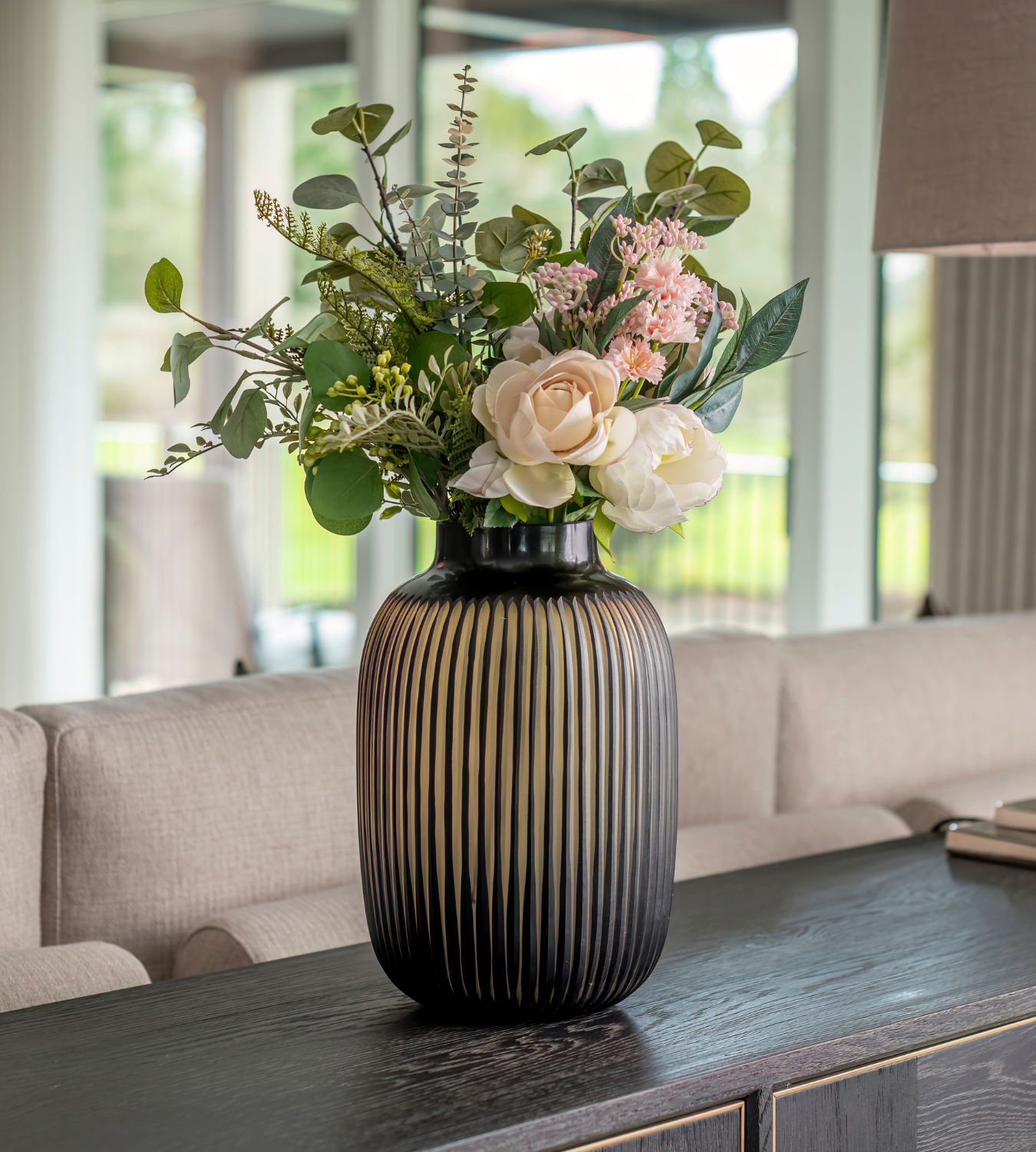 Large Hand Blown Amber Glass Ribbed Vase