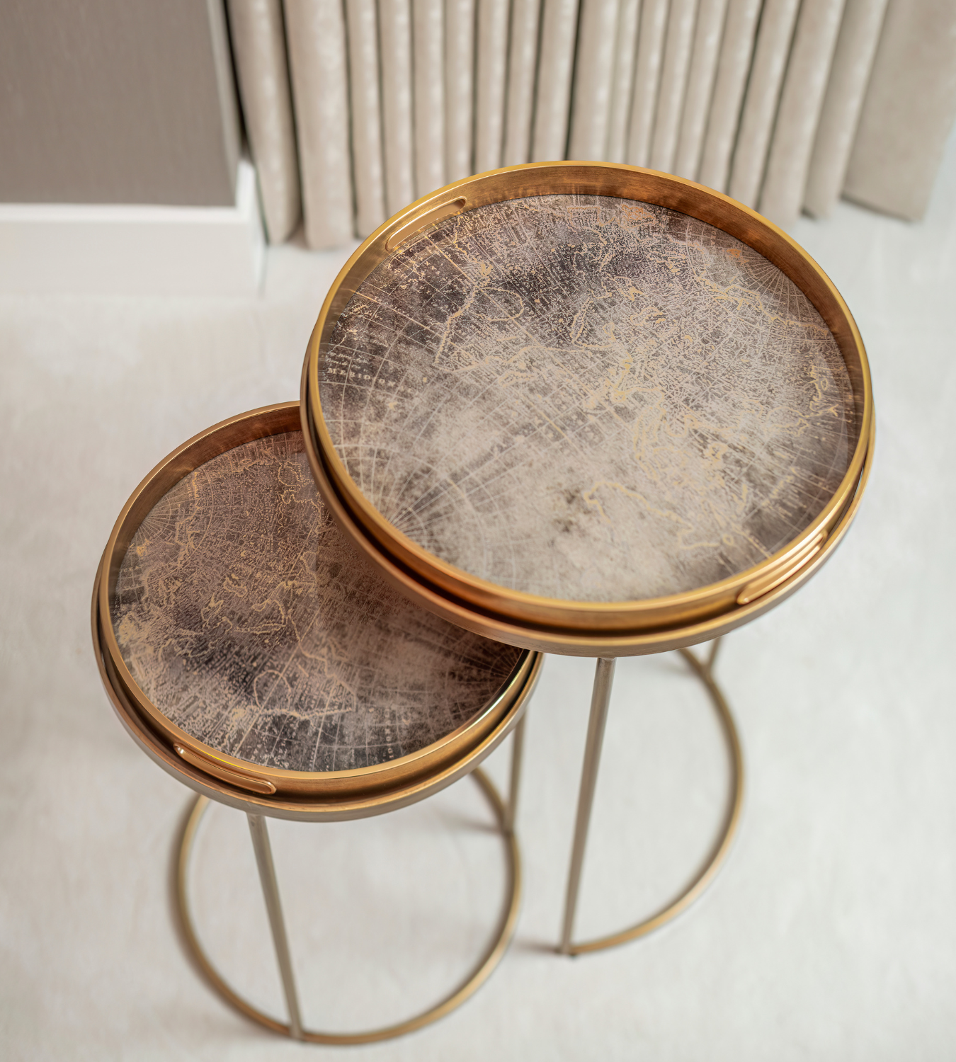 Set of 2 Bronze World Map Round Tray Tables