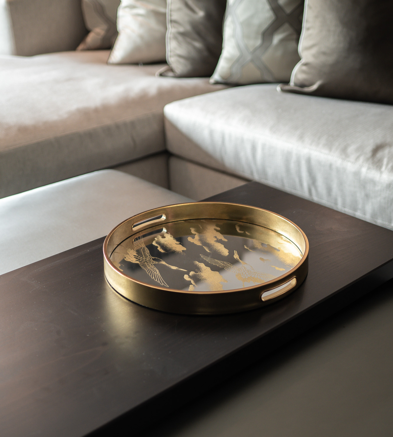 Golden Clouds Mirrored Round Decorative Tray