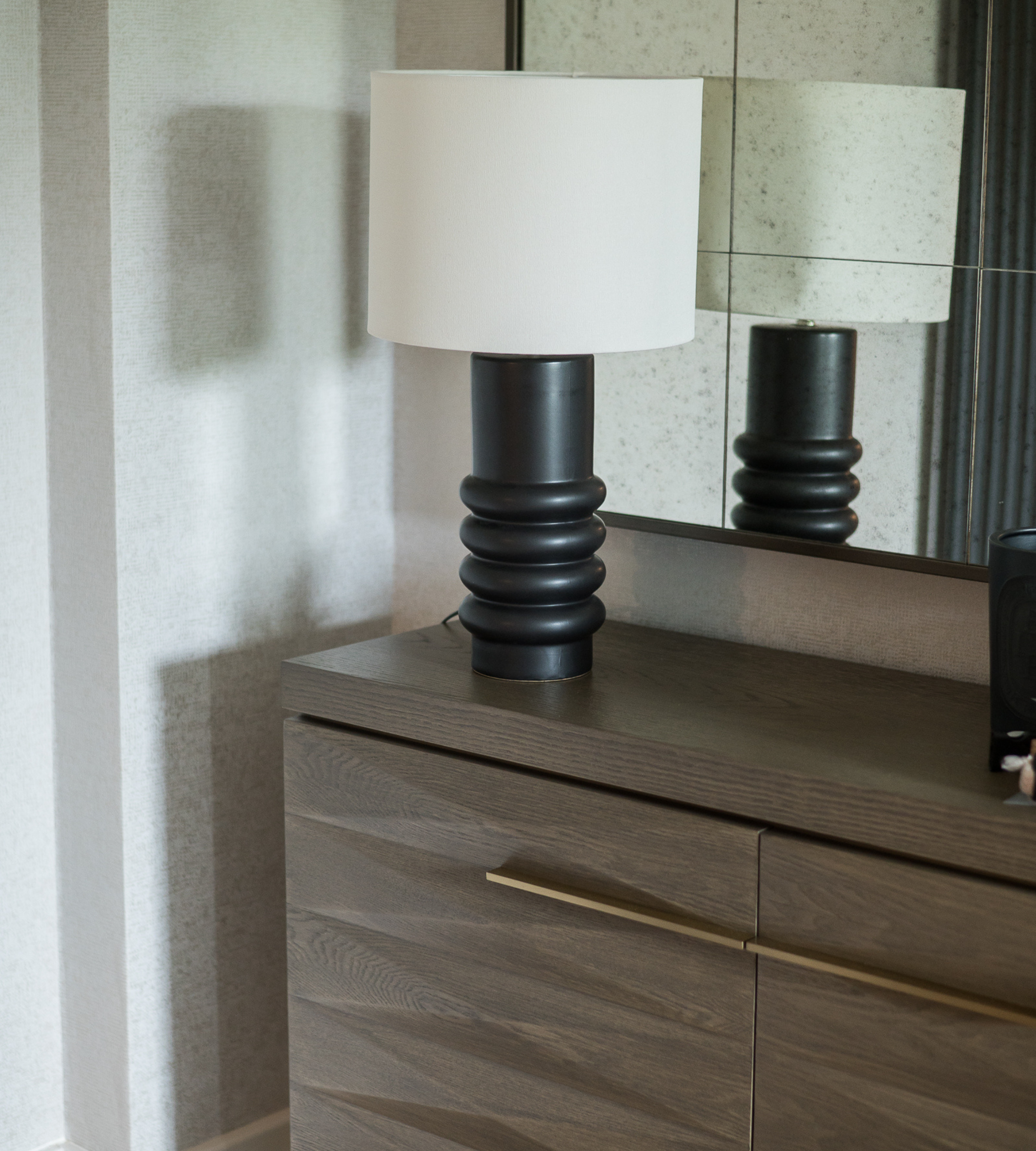 Black Ringed Ceramic Table Lamp with Linen Shade