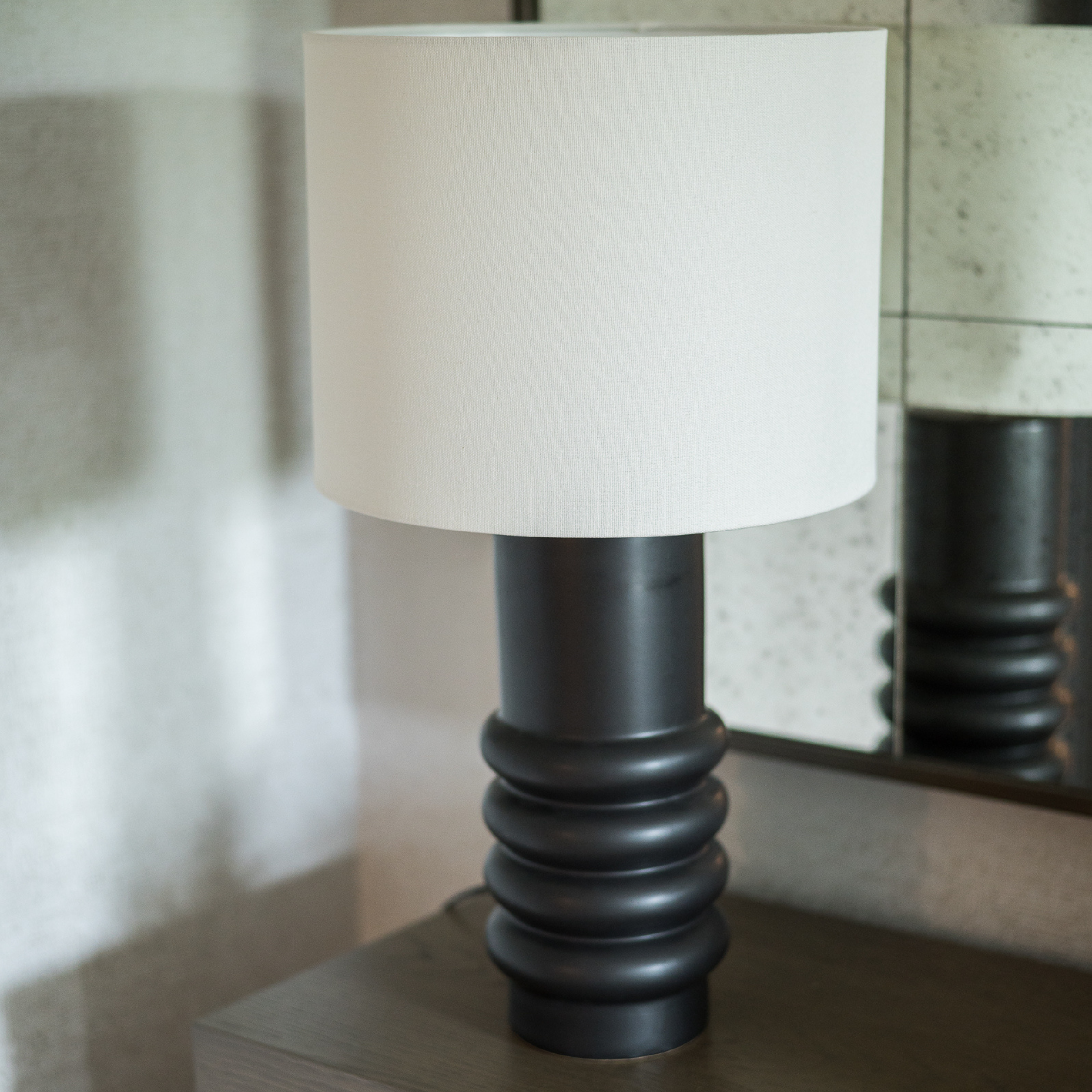 Black Ringed Ceramic Table Lamp with Linen Shade