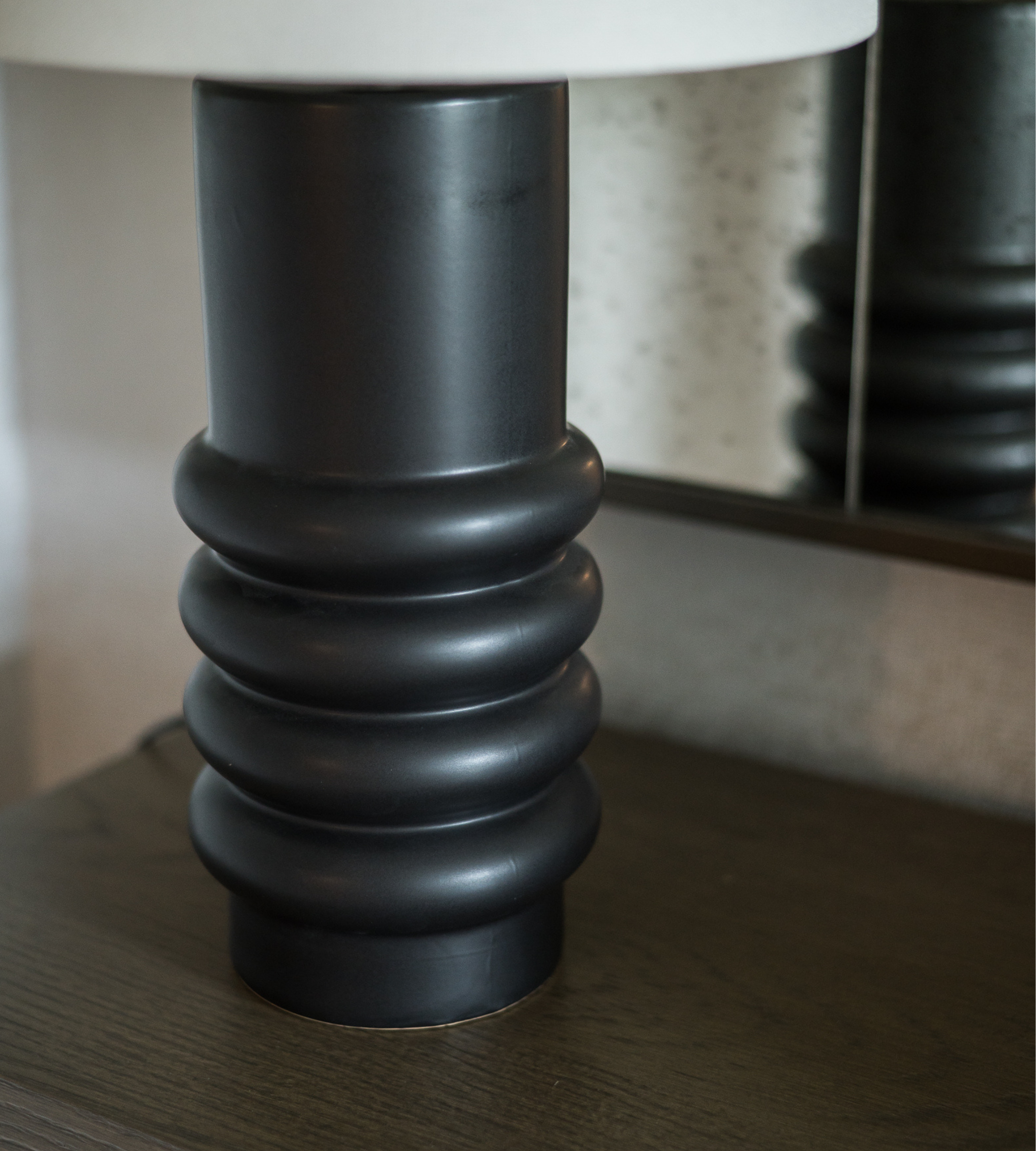Black Ringed Ceramic Table Lamp with Linen Shade