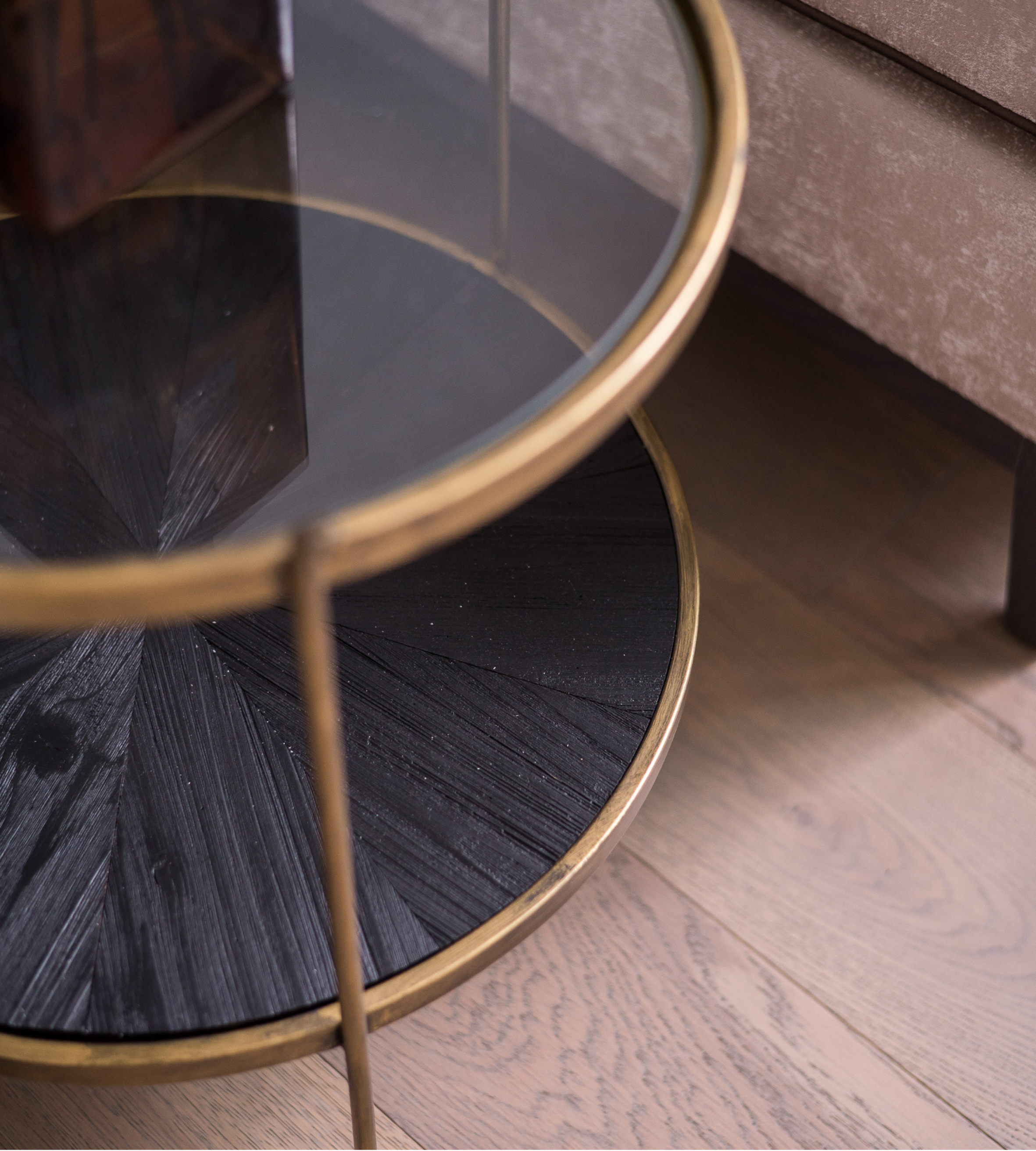 Round Glass Table with Wood Textured Shelf