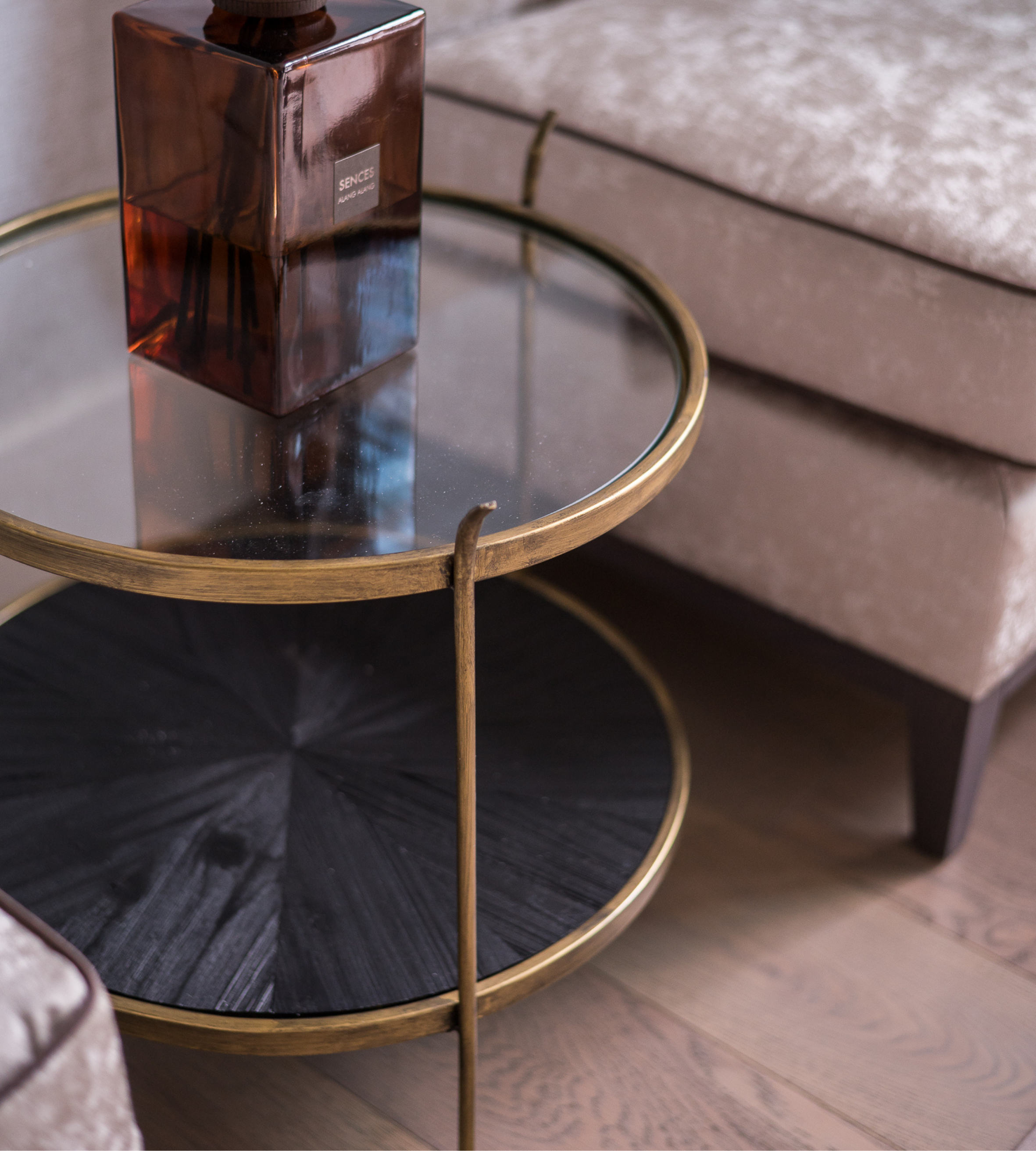 Round Glass Table with Wood Textured Shelf