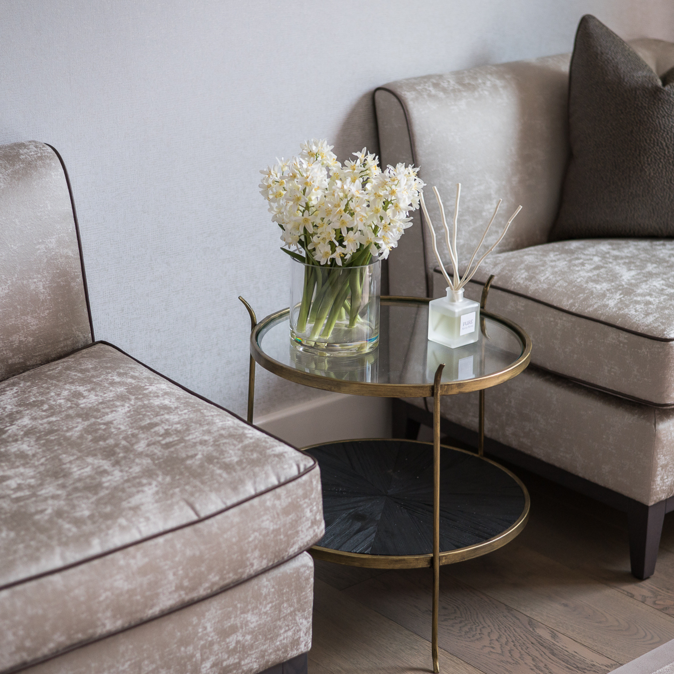 Round Glass Table with Wood Textured Shelf