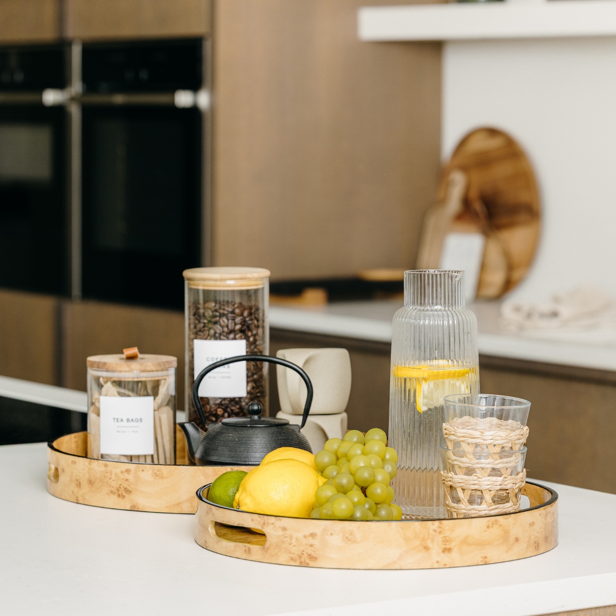 Set of 2 Round Burl Trays – Luxury Wood Effect Serving & Coffee