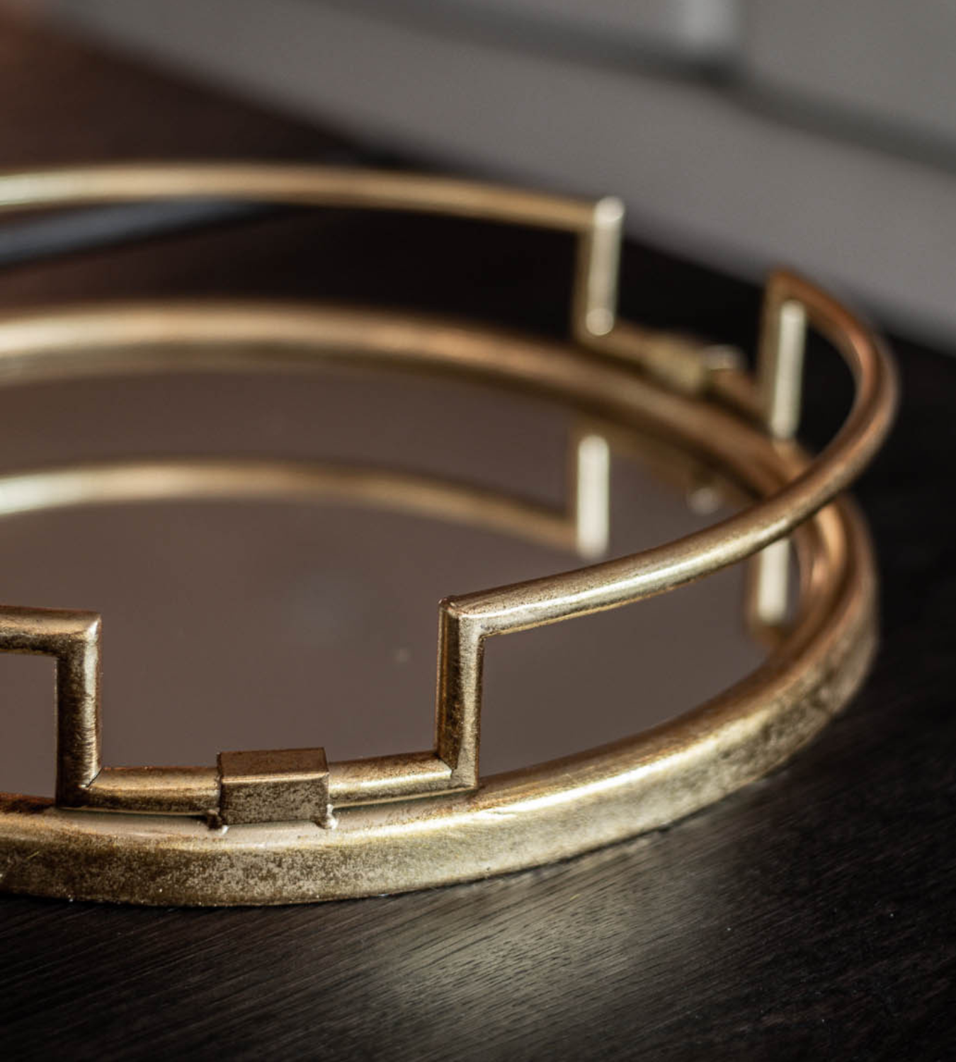 Round Gold Framed Metal & Glass Mirrored Tray