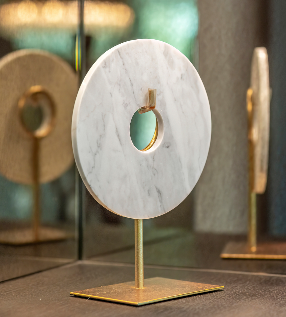White & Gold Marble Disc On Stand Sculpture