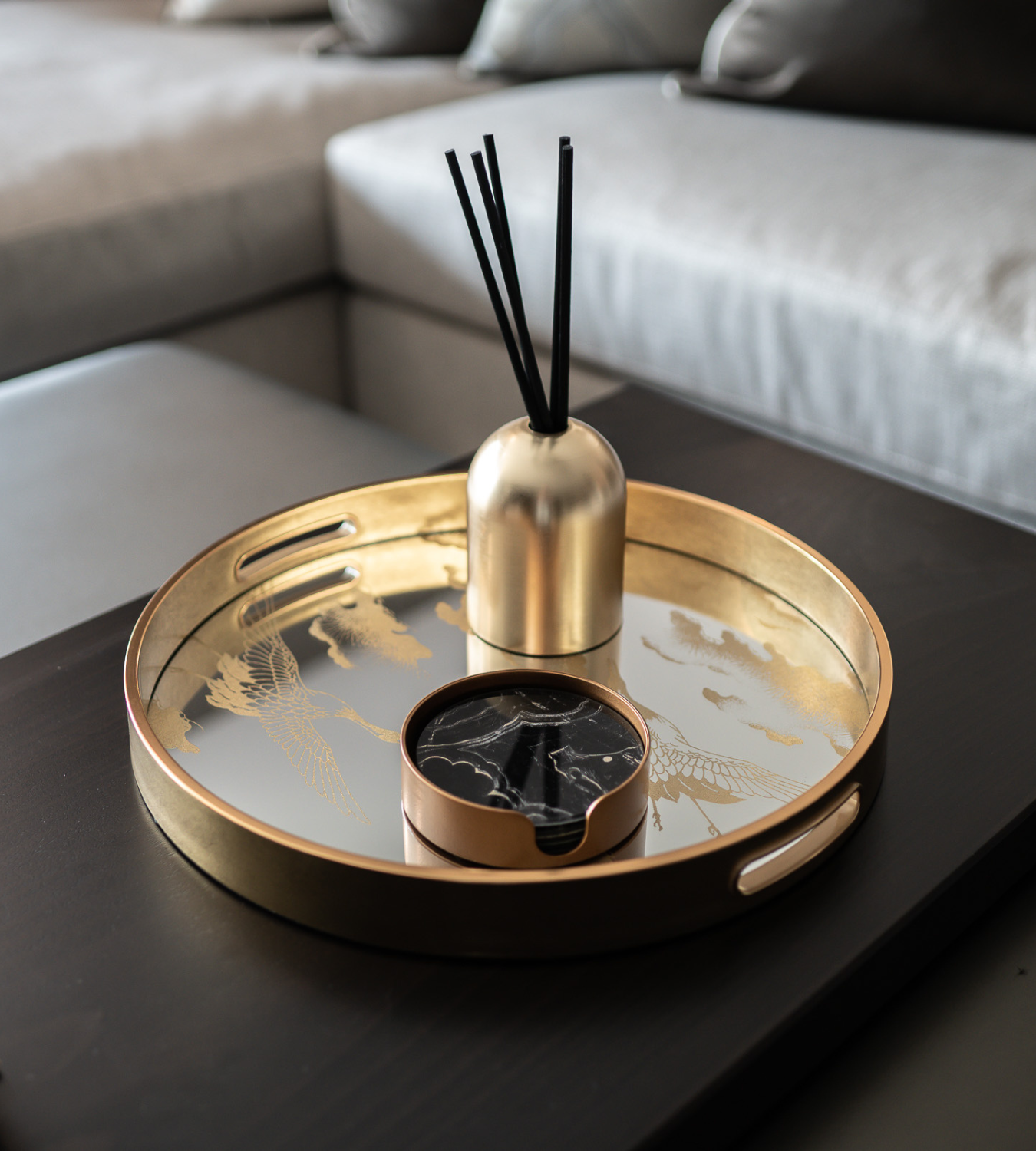 Golden Clouds Mirrored Round Decorative Tray