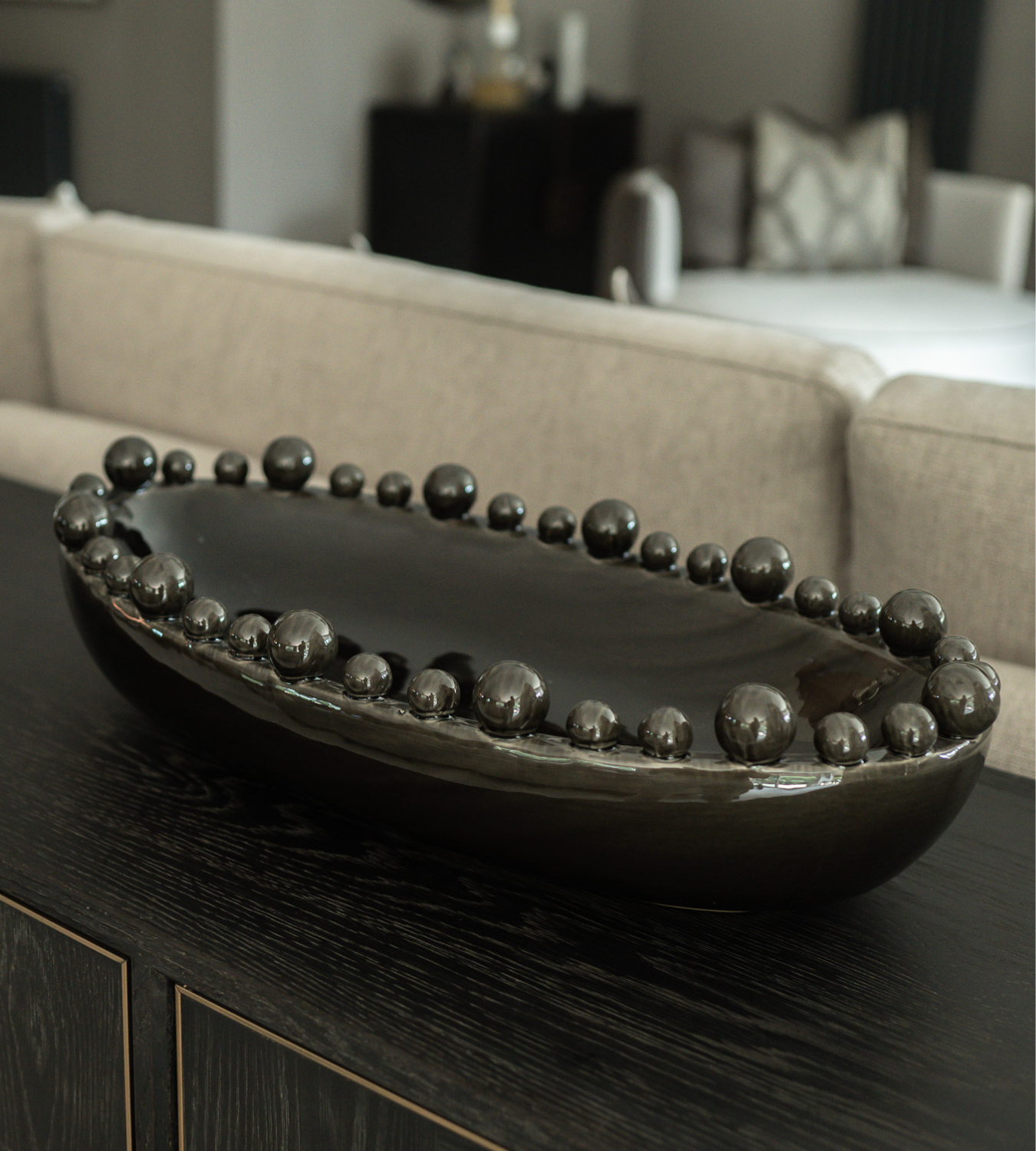 Black Ceramic Oval Bobble Edged Bowl