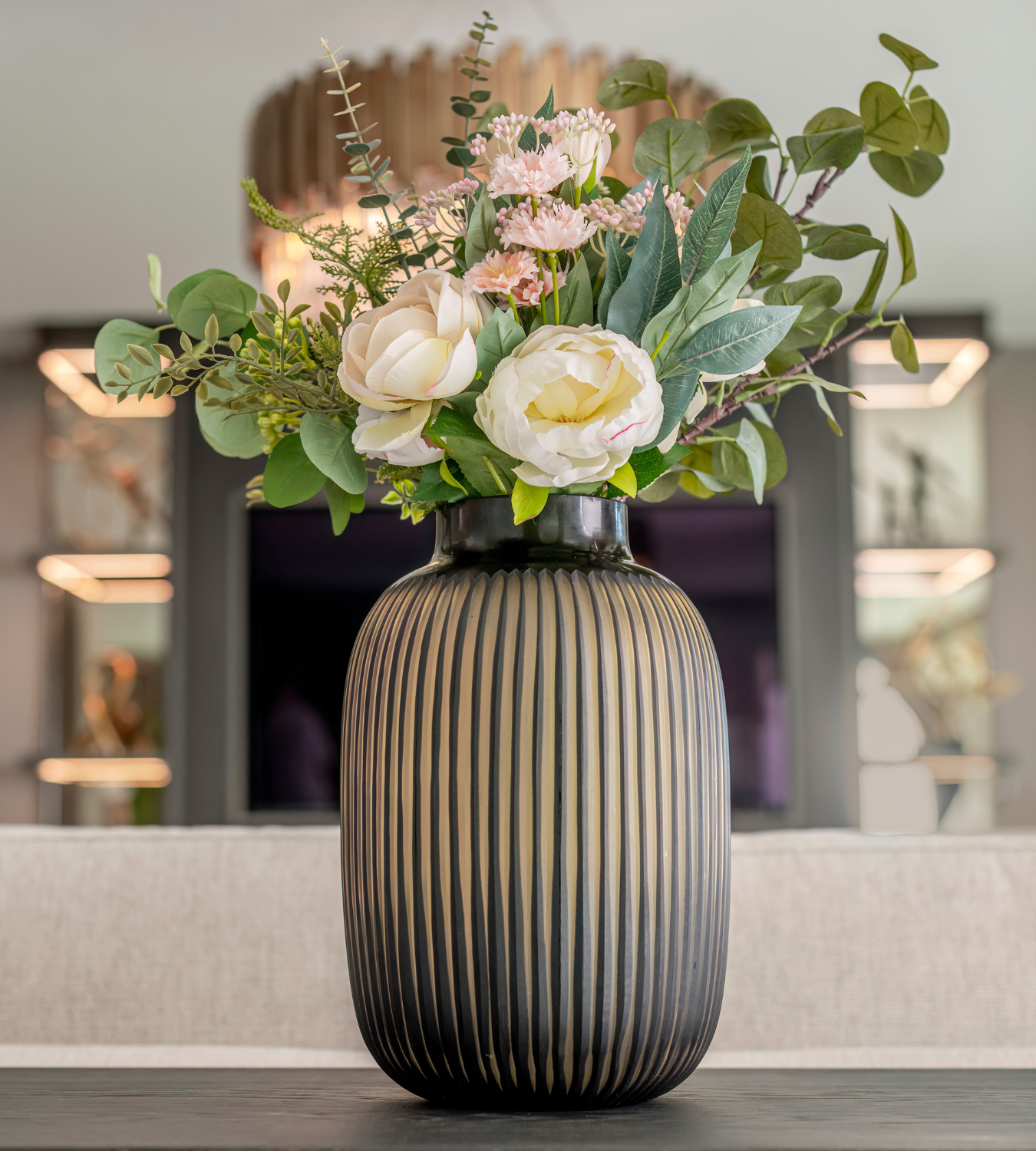 Large Hand Blown Amber Glass Ribbed Vase