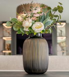 Large Hand Blown Amber Glass Ribbed Vase