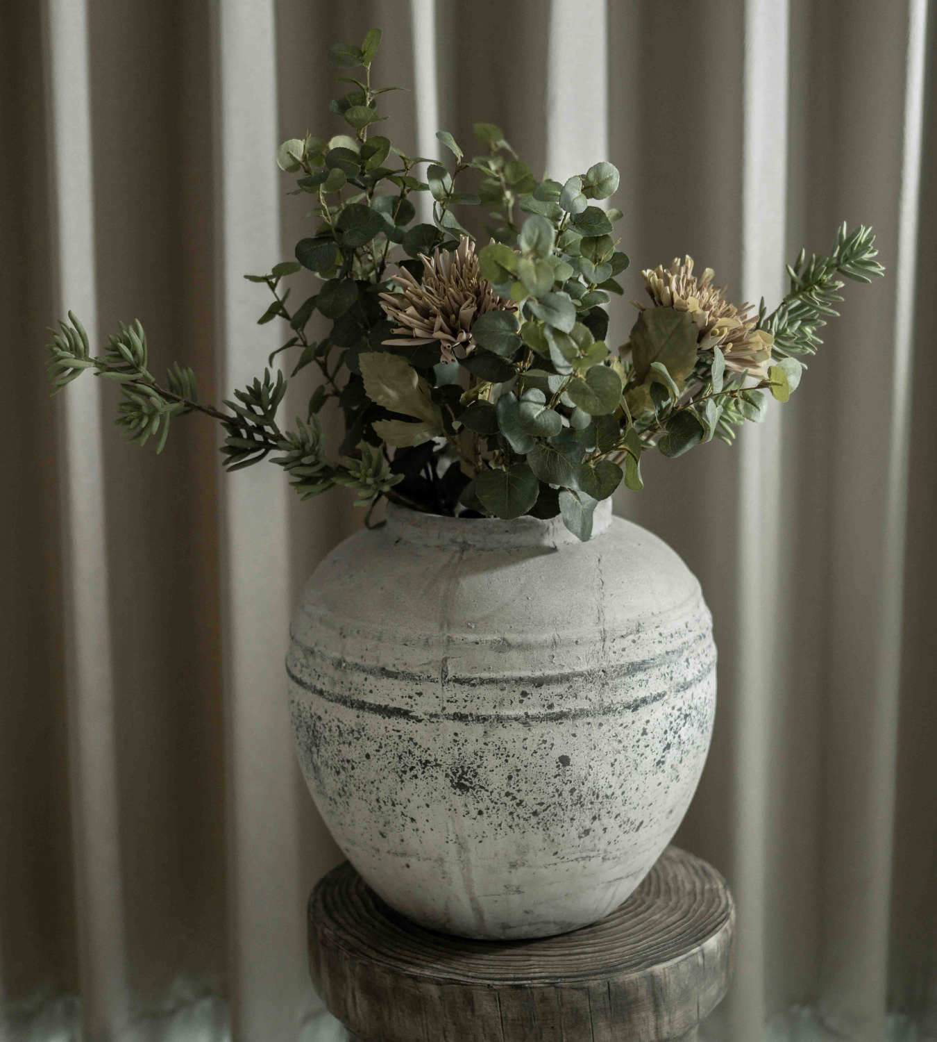 Large Round Distressed Stone Vase