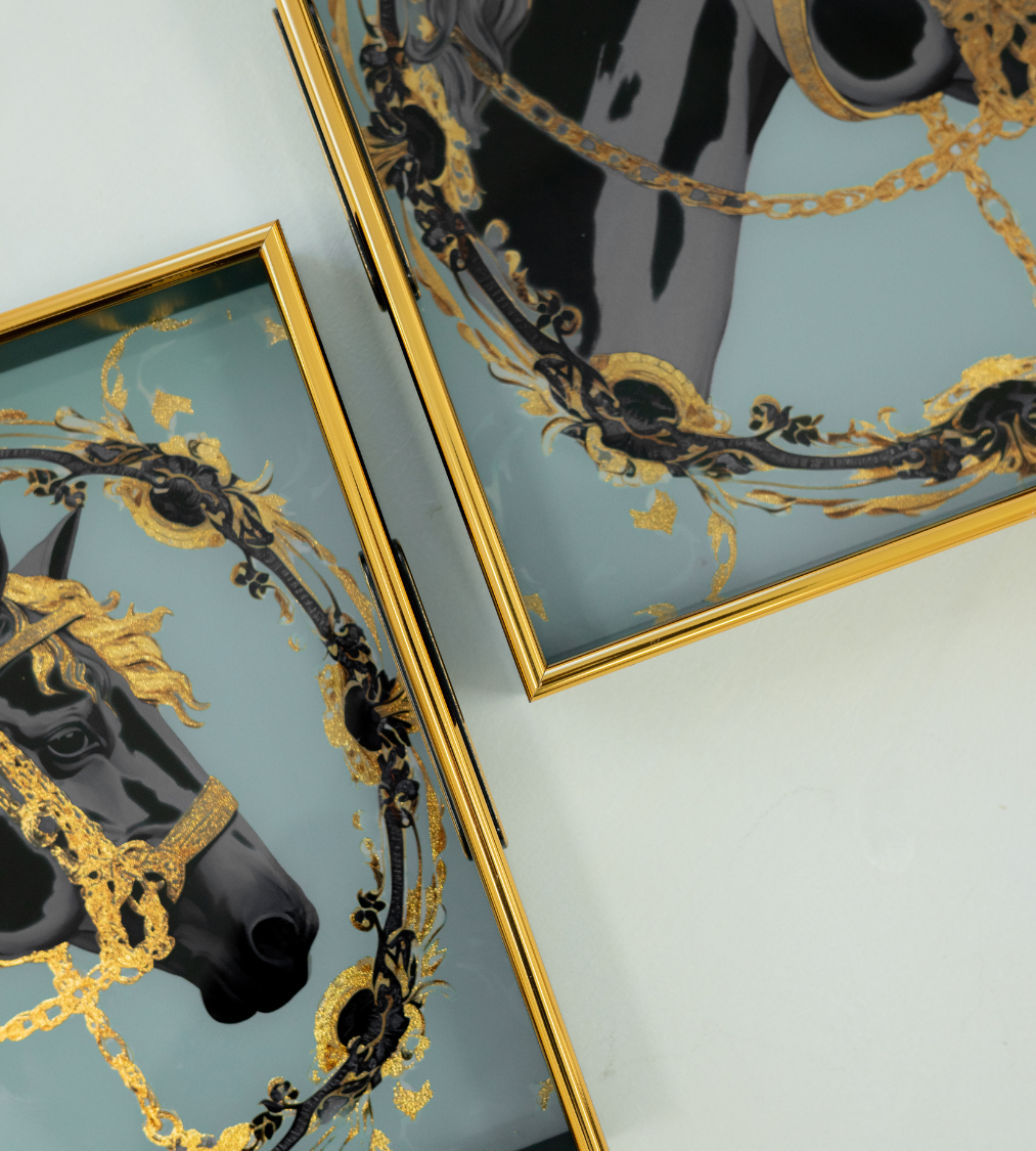 Set of 2 Antique Gold Horse Tray