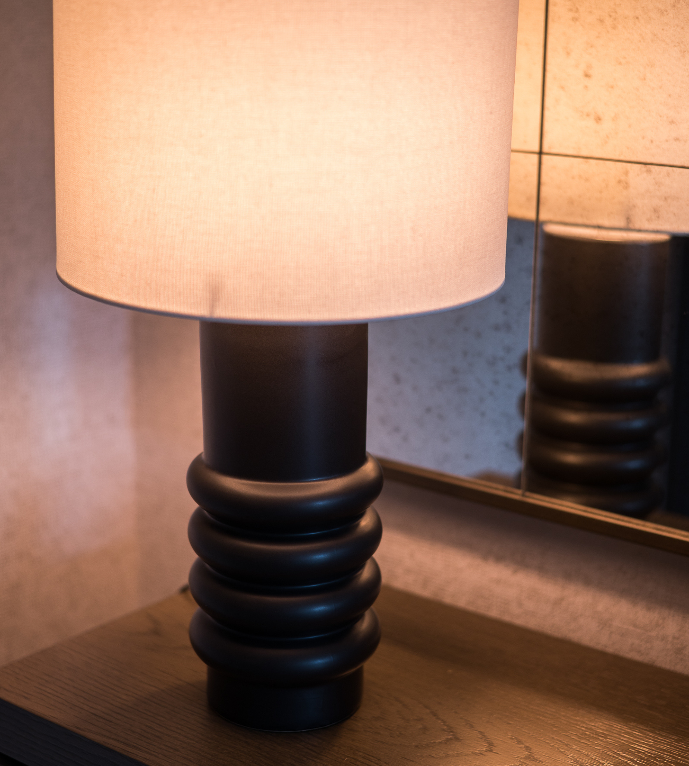 Black Ringed Ceramic Table Lamp with Linen Shade