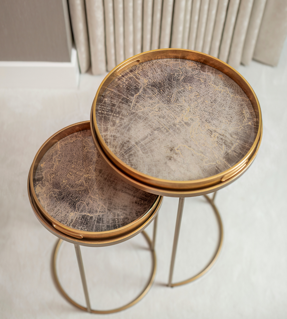 Set of 2 Bronze World Map Round Tray Tables