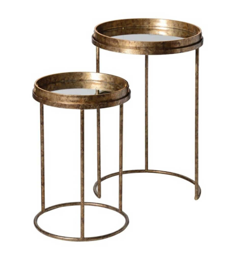 Set of 2 Gold Marble Mirror Round Tray Tables