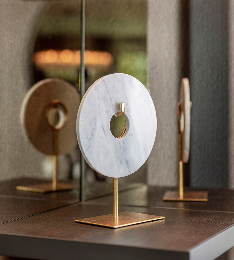 White & Gold Marble Disc On Stand Sculpture