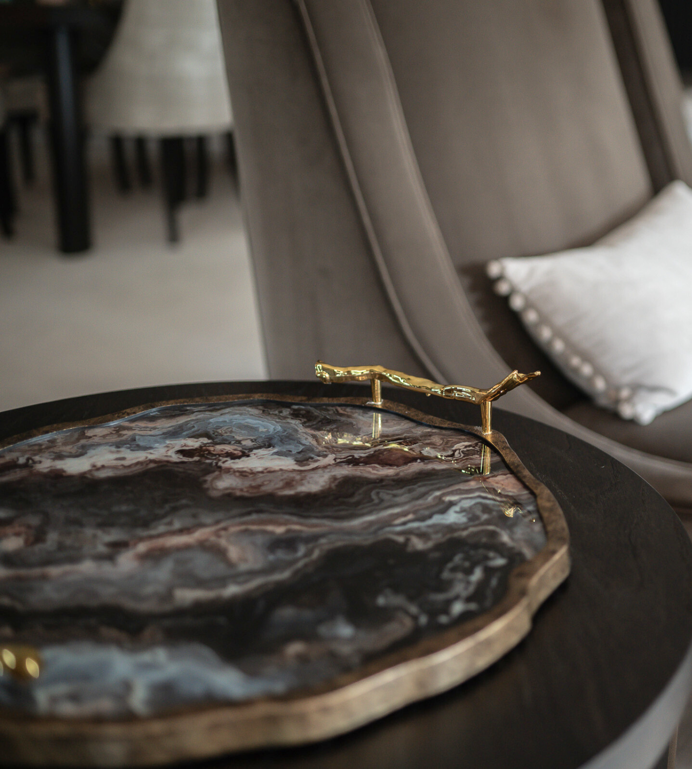 Marble Effect Flat Tray with Gold Handles