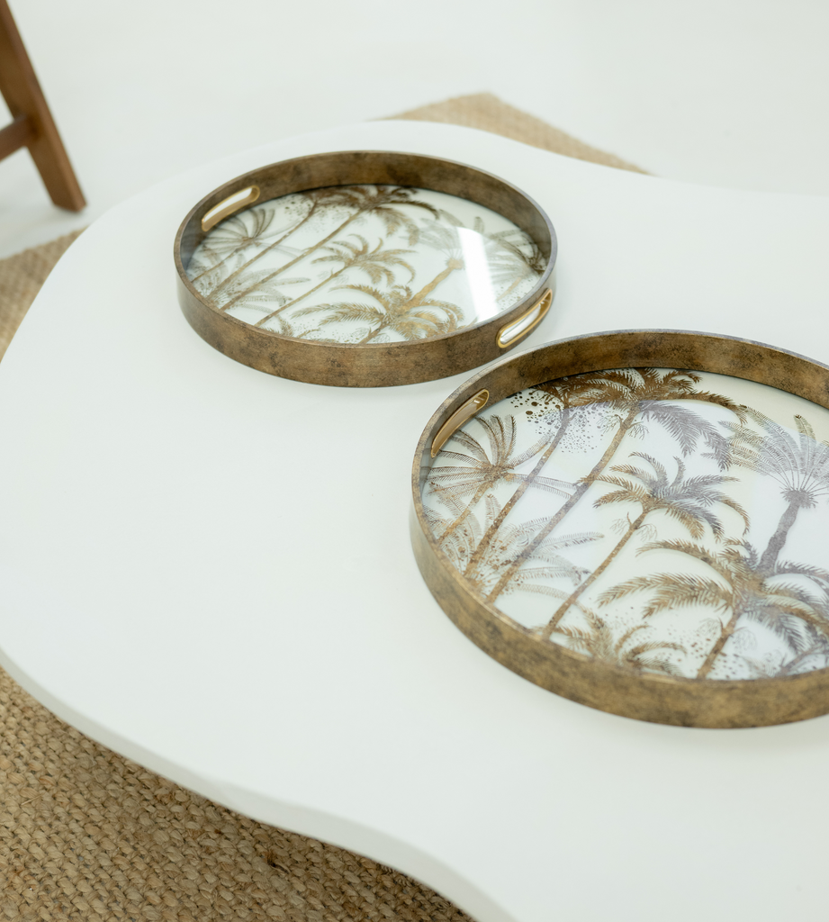 Set of 2 Antique Gold Palm Mirrored Trays