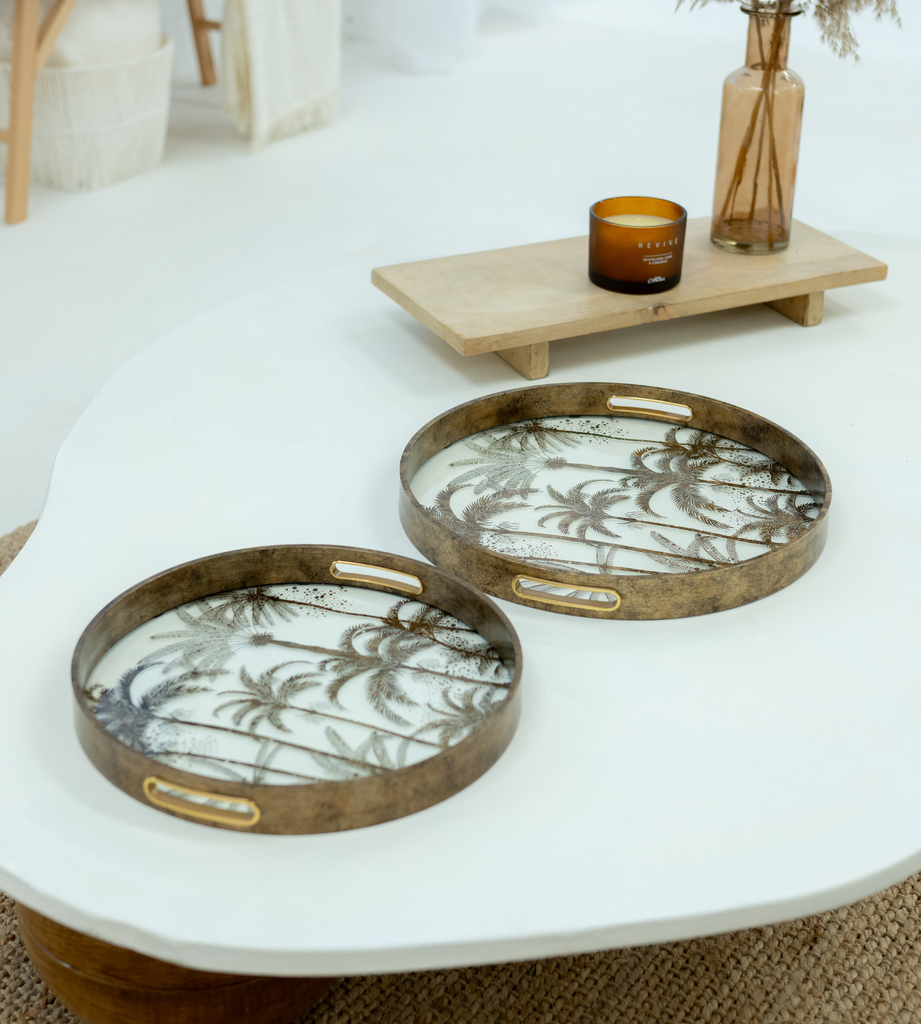 Set of 2 Antique Gold Palm Mirrored Trays