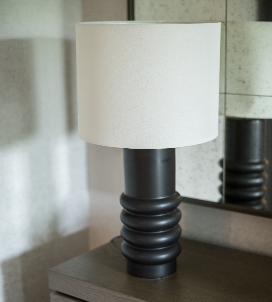 Black Ringed Ceramic Table Lamp with Linen Shade