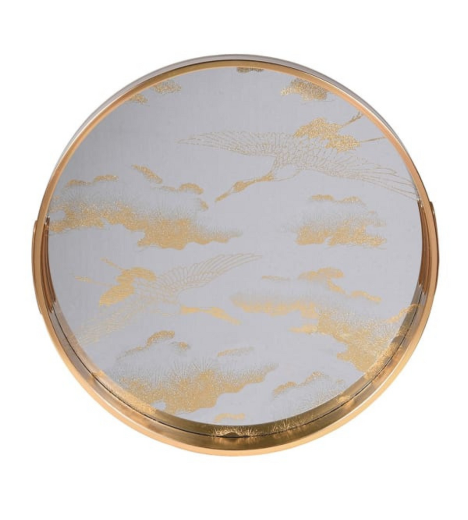Golden Clouds Mirrored Round Decorative Tray