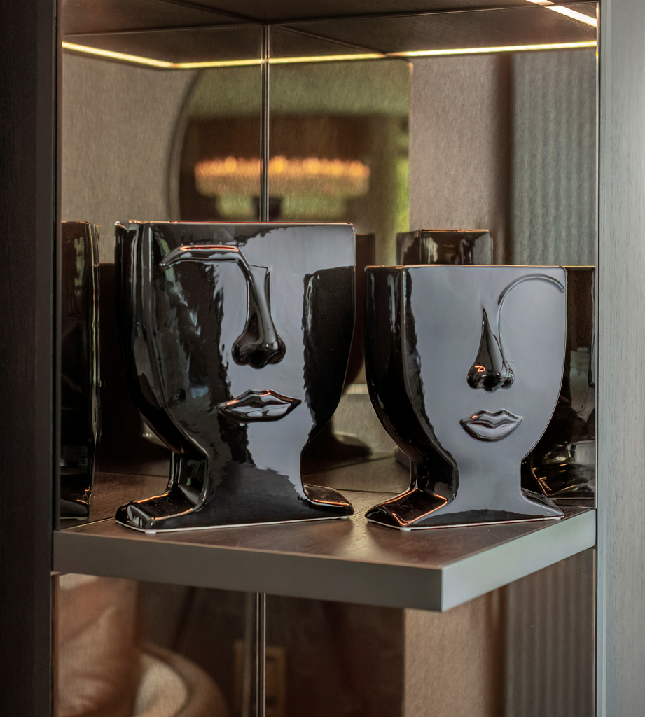  Set of 2 Black Ceramic Face Vases