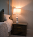 White Turned Wood Style Lamp with Linen Shade