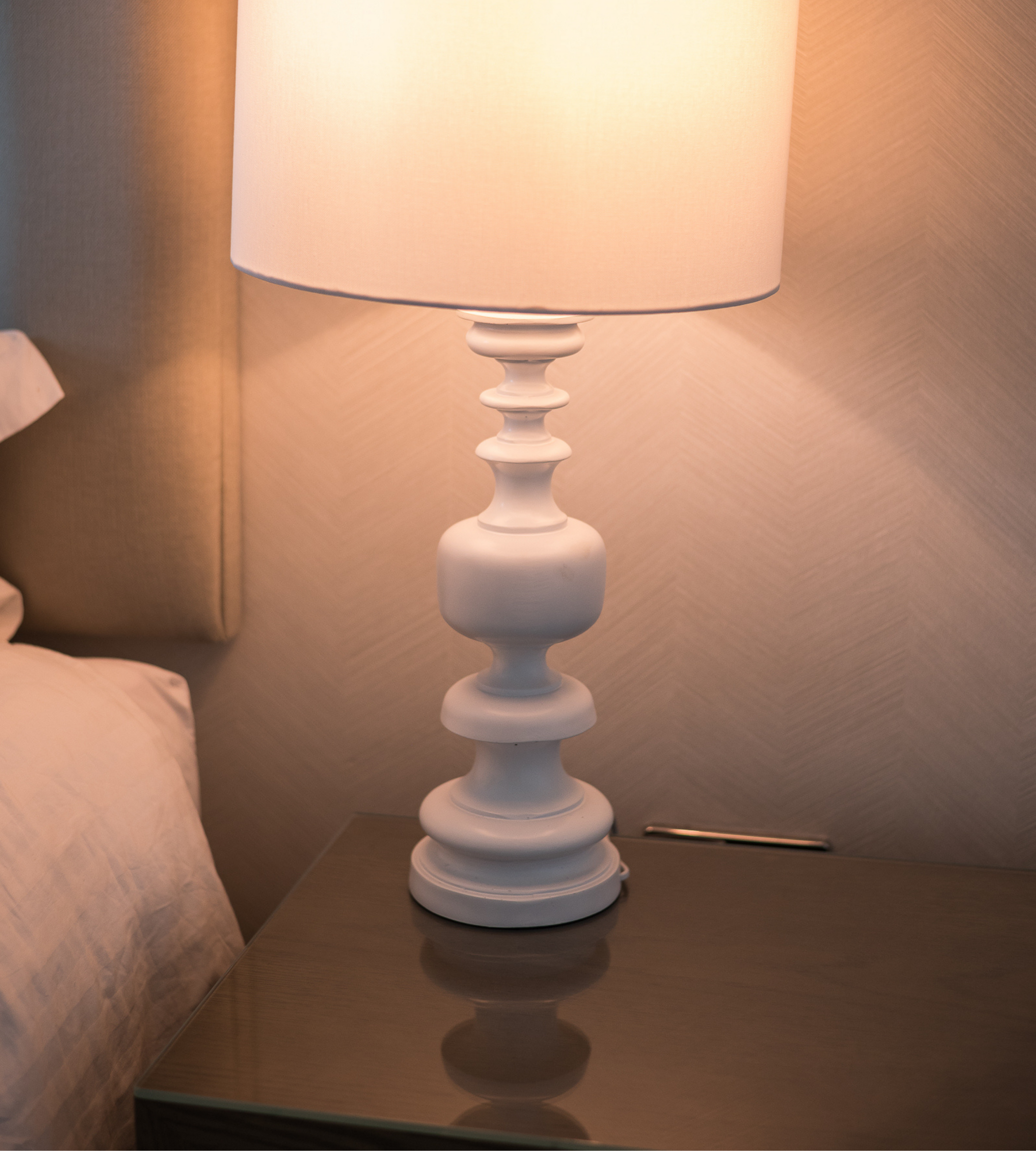 White Turned Wood Style Lamp with Linen Shade