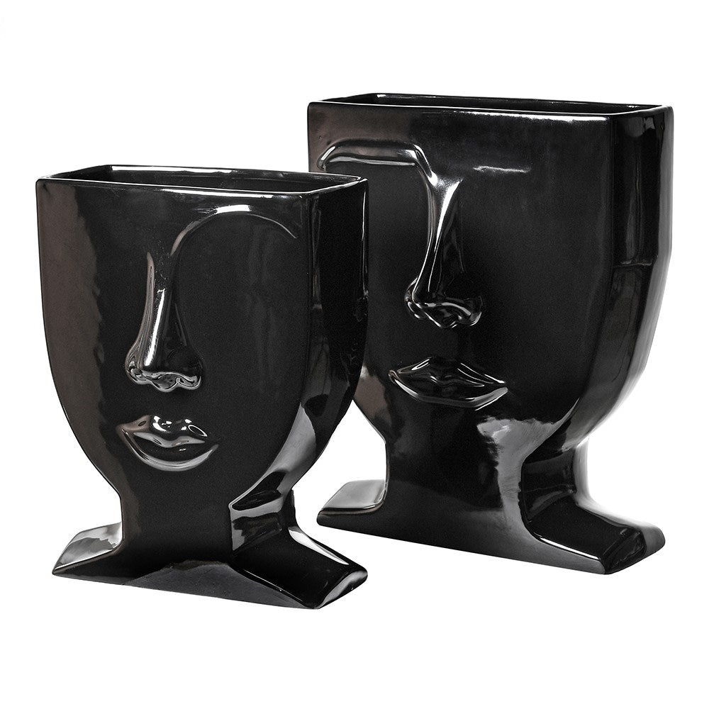  Set of 2 Black Ceramic Face Vases