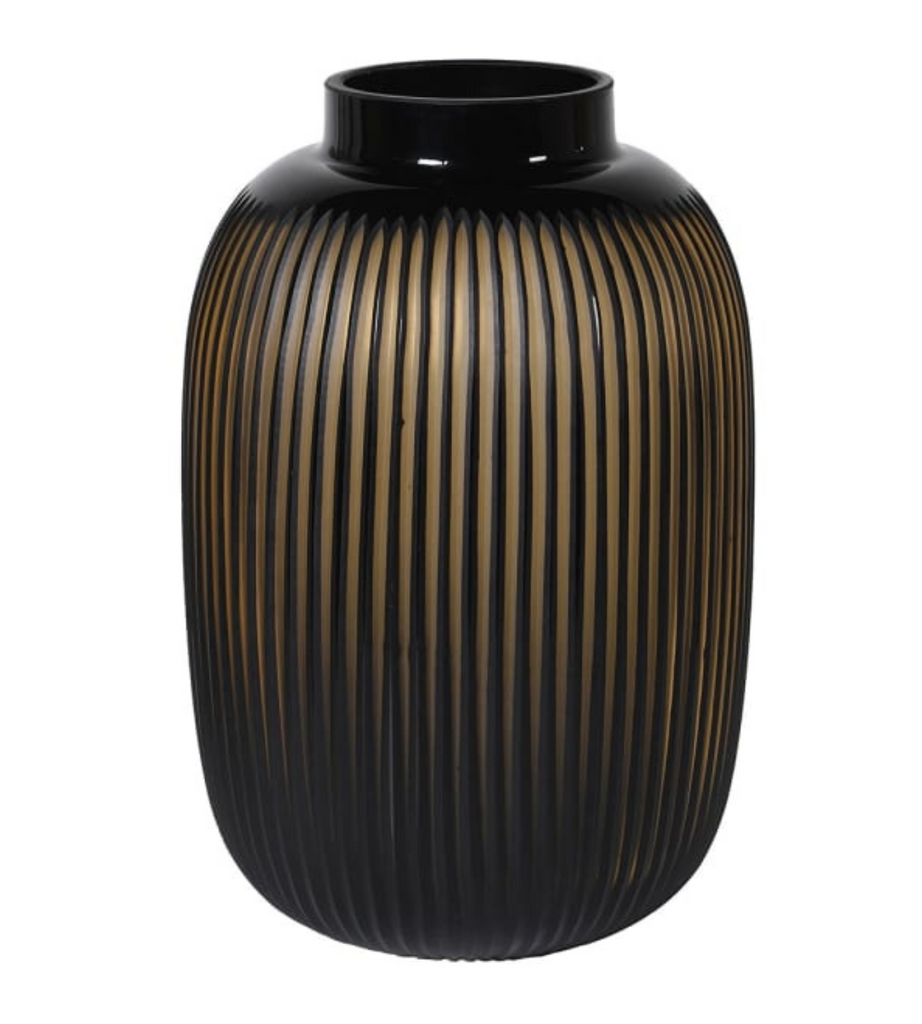 Large Hand Blown Amber Glass Ribbed Vase
