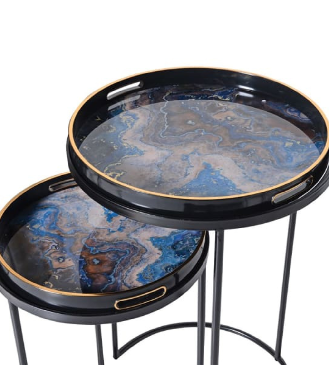 Set of 2 Blue Marble Effect Tray Nest Tables