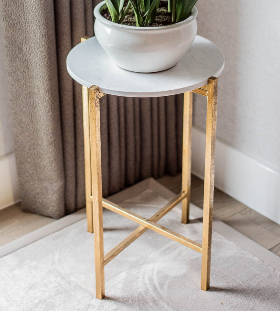 Faux White Marble Top Gold Side Table