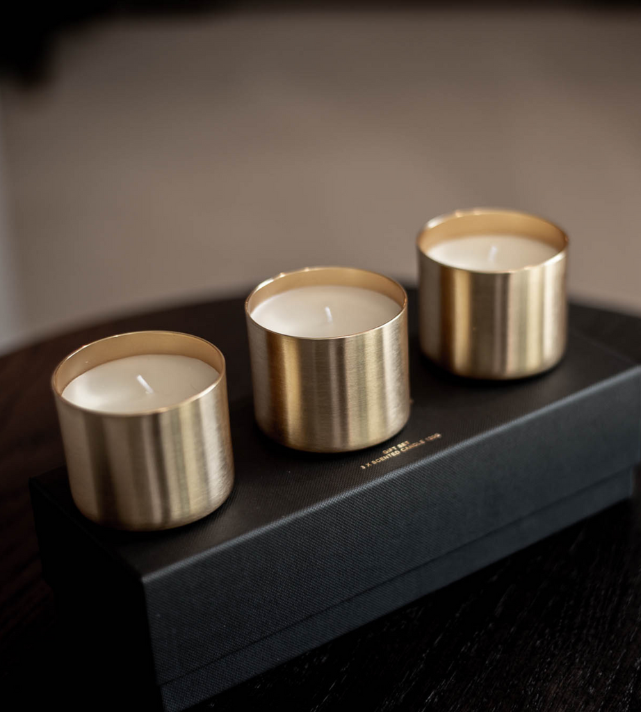 Set of 3 'White Sandalwood' Gold Candles