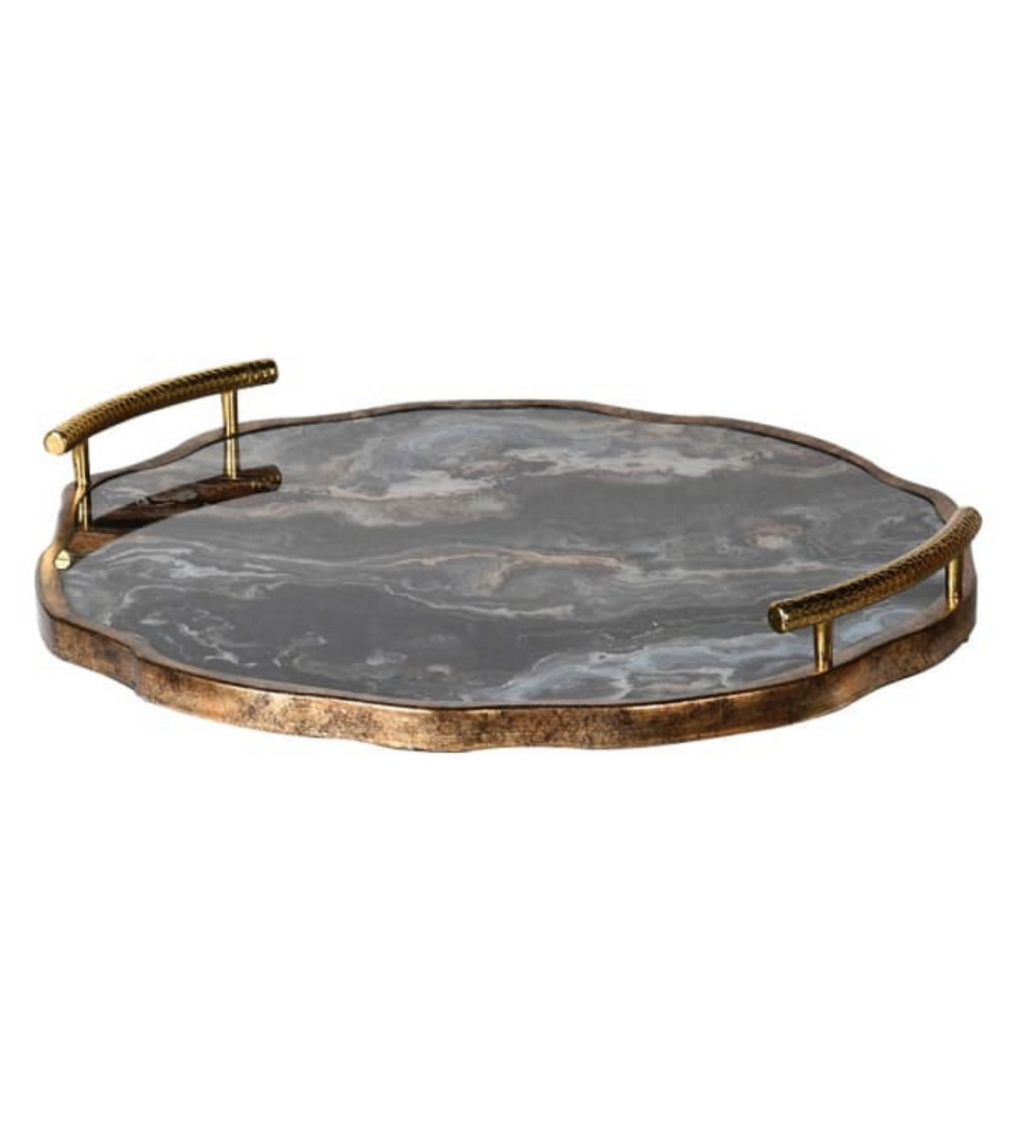 Marble Effect Flat Tray with Gold Handles