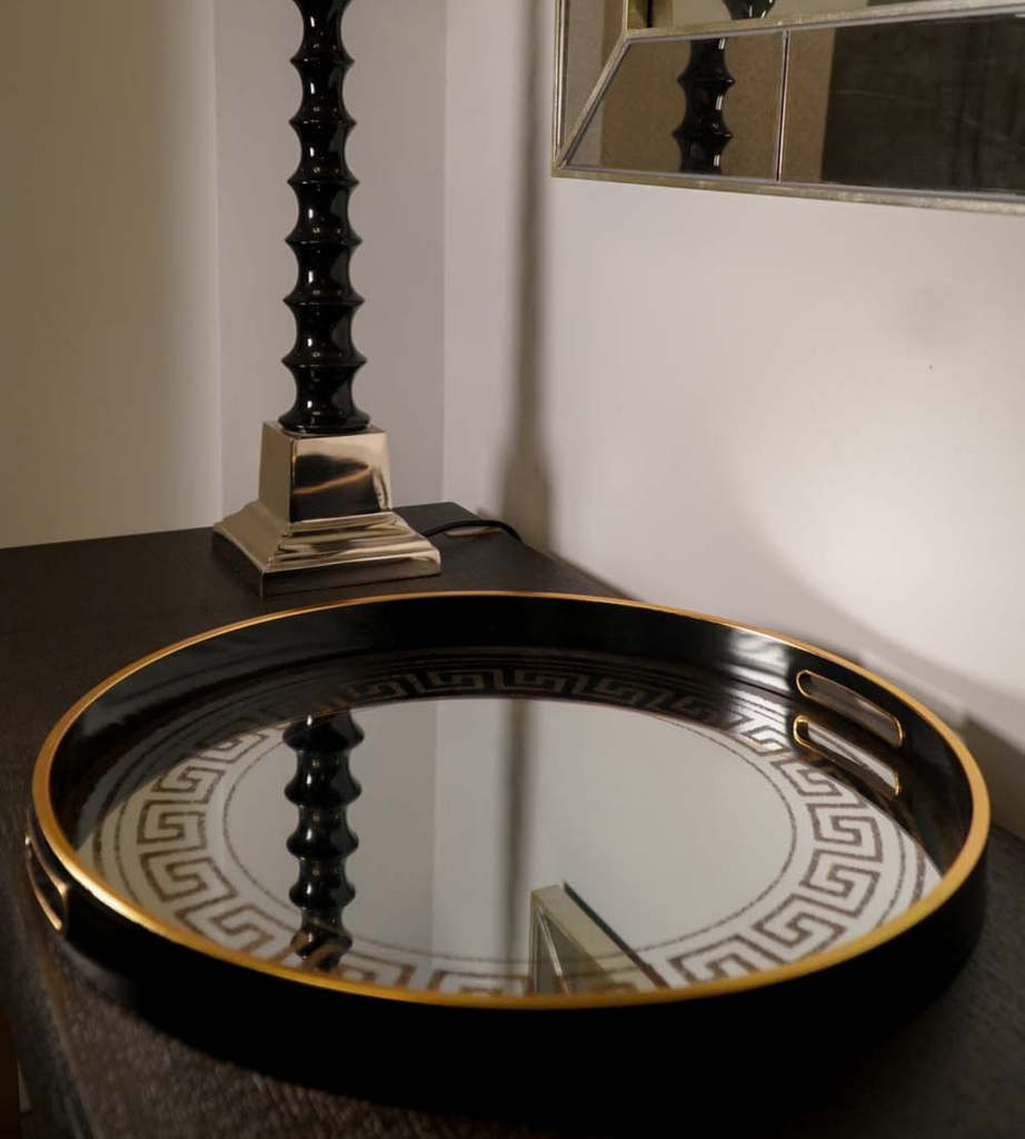 Greek Patterned Black & Gold Mirrored Decorative Tray