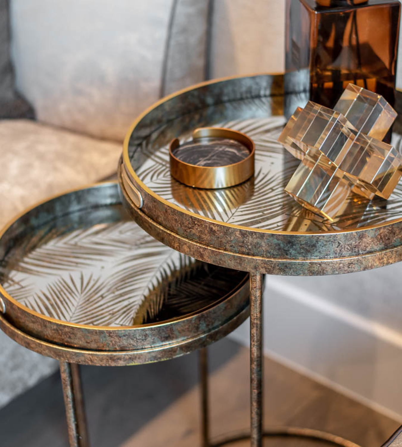 Set of 2 Mirrored Fern Pattern Tray Nest Tables