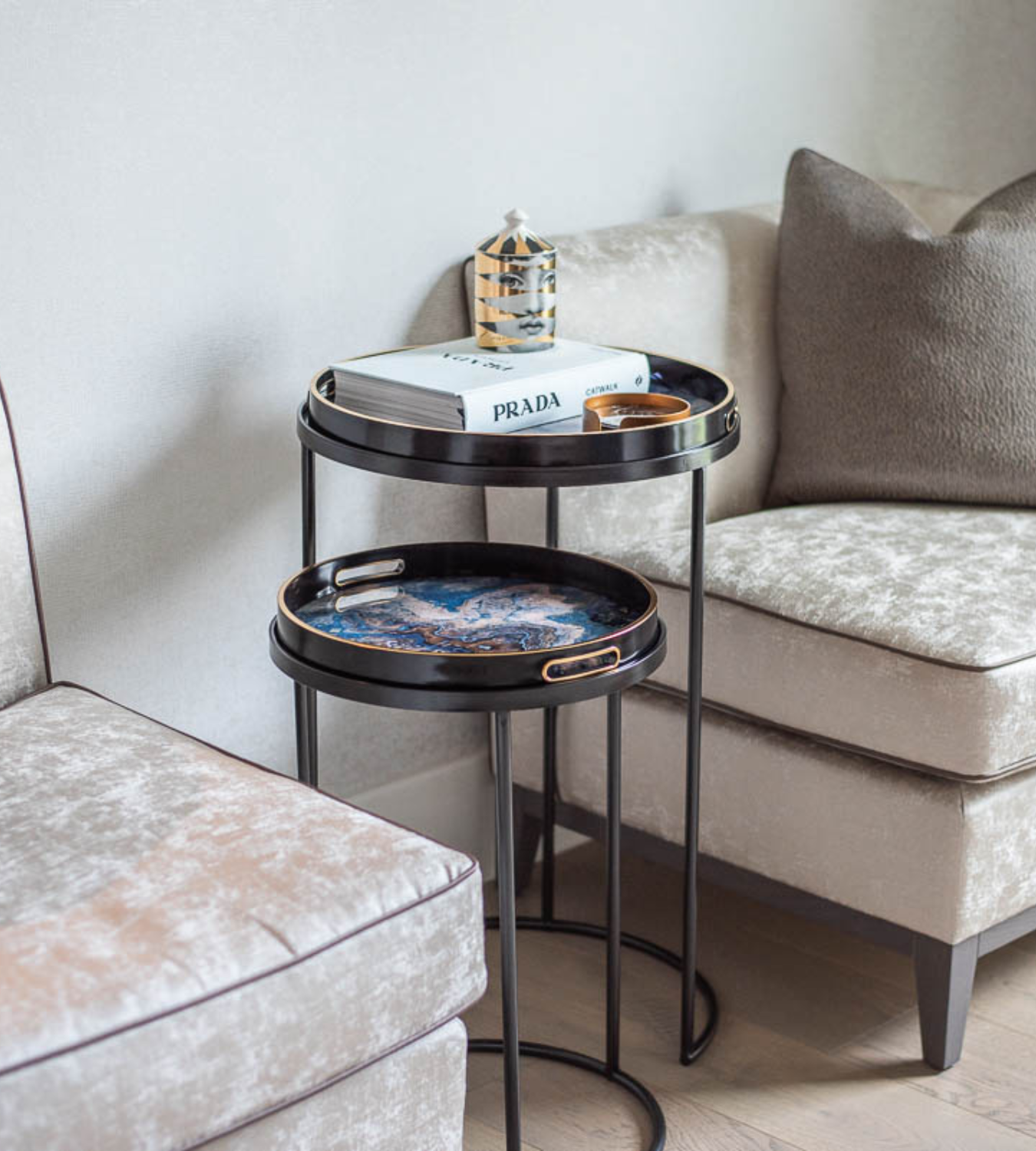 Set of 2 Blue Marble Effect Tray Nest Side Tables Chloe Jade Home